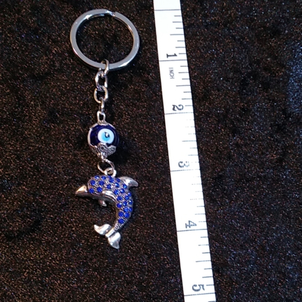 Keychain Silver Dolphin Blue Rhinestones - Picture 3 of 5